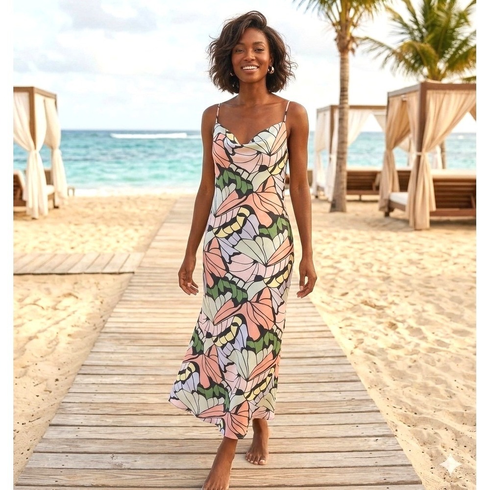 Audrey‎ 3+1 Pink Butterfly Floral Cowl Neck Slit Dress Mid Calf Size Small